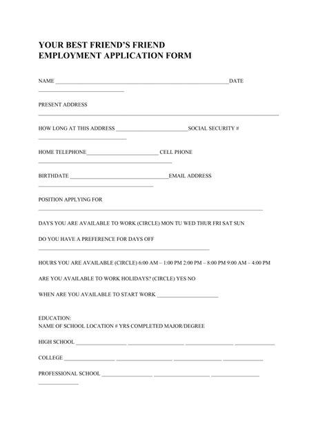 Best Friend Application Form Template